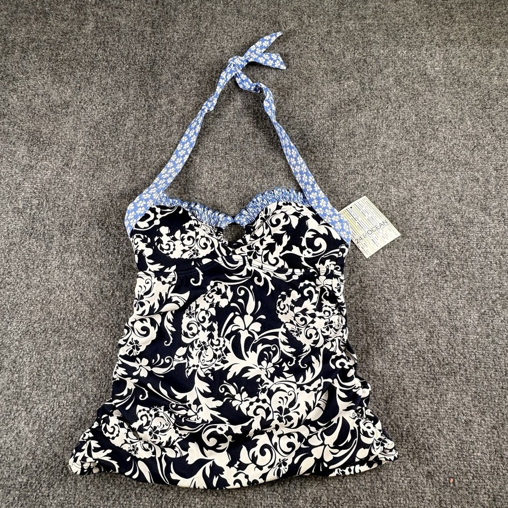 24th & Ocean Tankini Top Women's S NWT Navy Floral Bandeaukini Halter Ruched